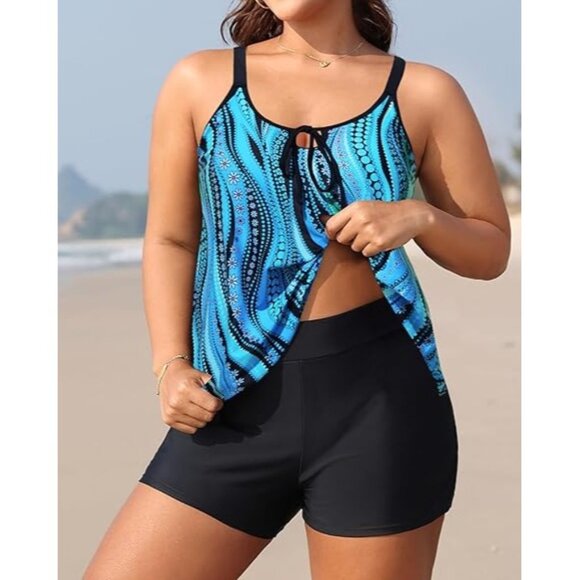 Daci Plus Size 26W Tankini Set Flowy Tank High-Waist Boyshorts Blue Swimsuit - Picture 2 of 7